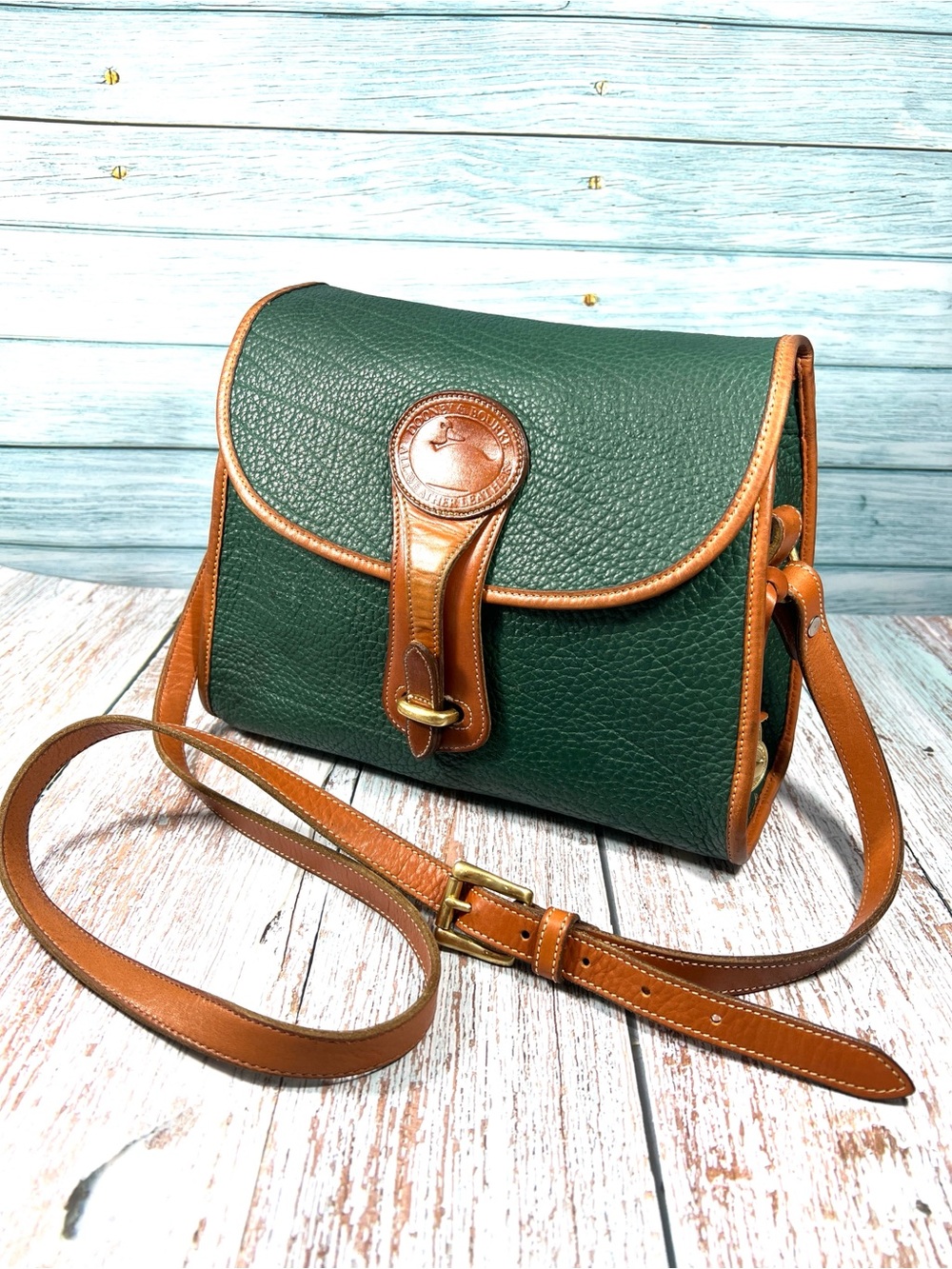 🦆 DOONEY & BOURKE ESSEX LARGE FOREST GREEN LEATHER WITH BROWN TRIM VINTAGE 90s